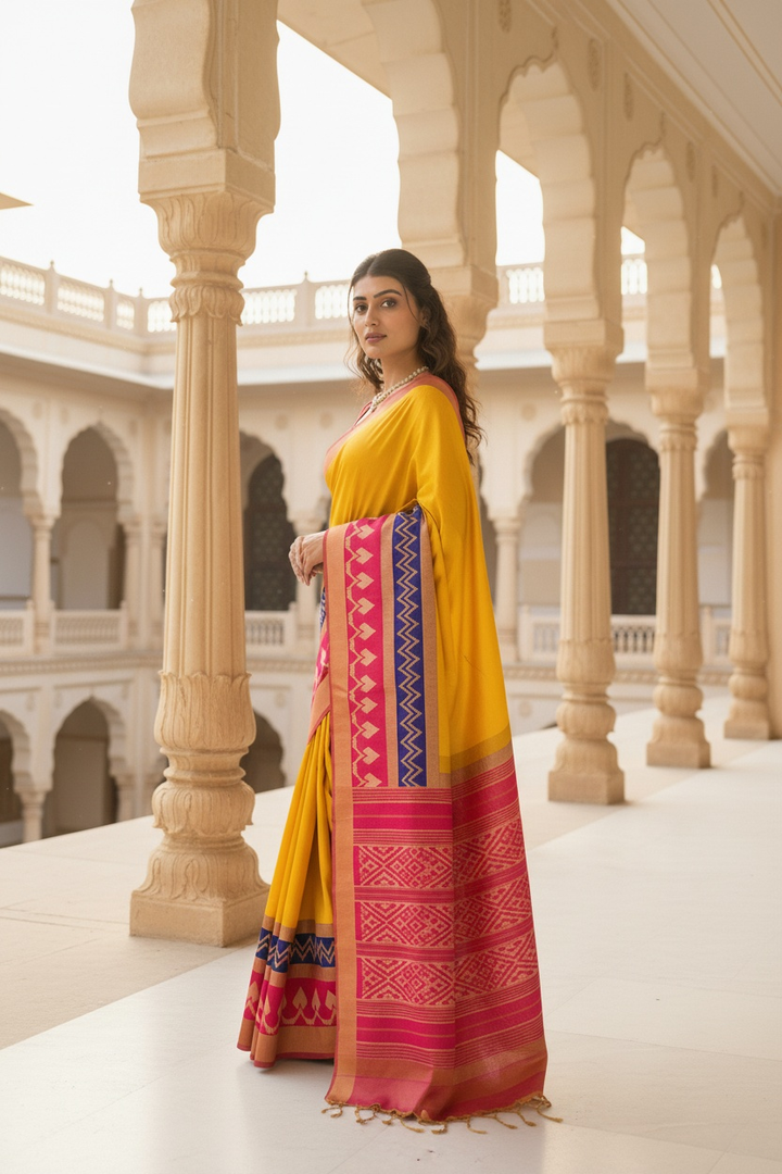 Vibrant Yellow Saree with Traditional Contrast Border – Unstitched Blouse Included