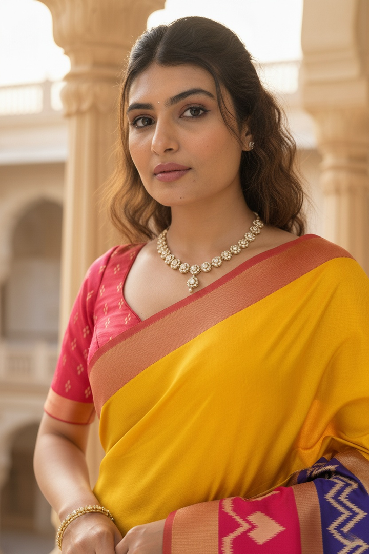 Vibrant Yellow Saree with Traditional Contrast Border – Unstitched Blouse Included