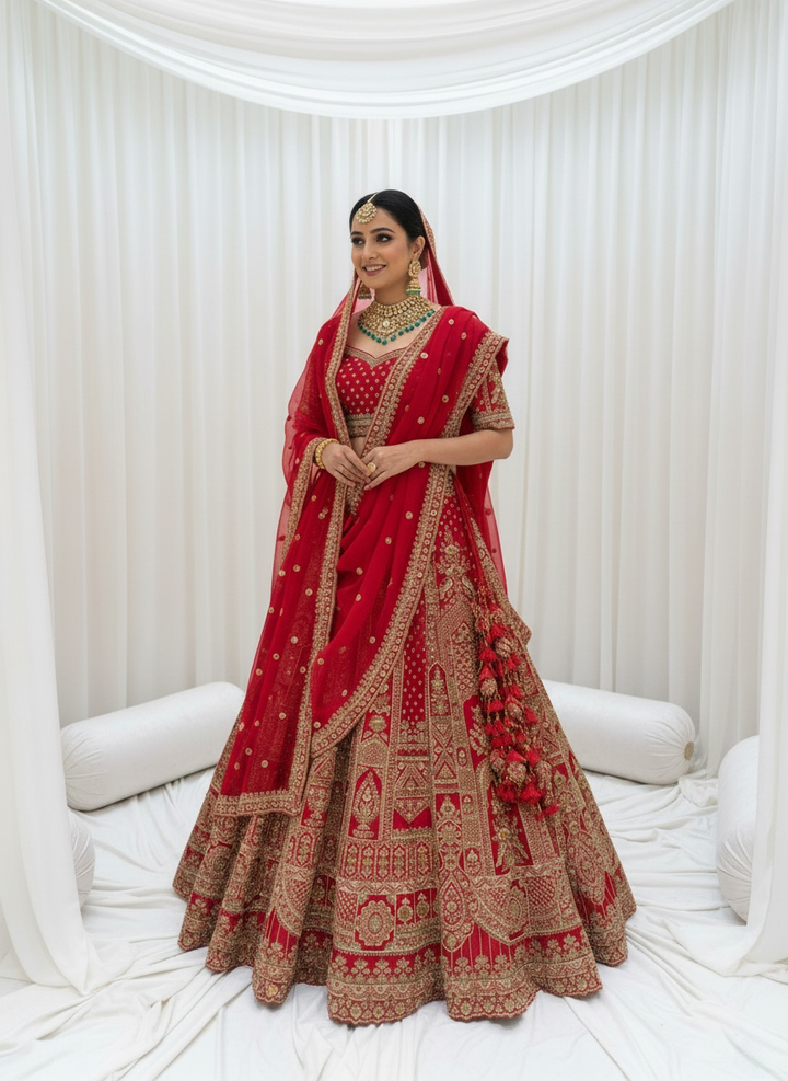 Crimson Red Zardozi Bridal Lehenga with Double Dupatta – The Royal Heritage Edit