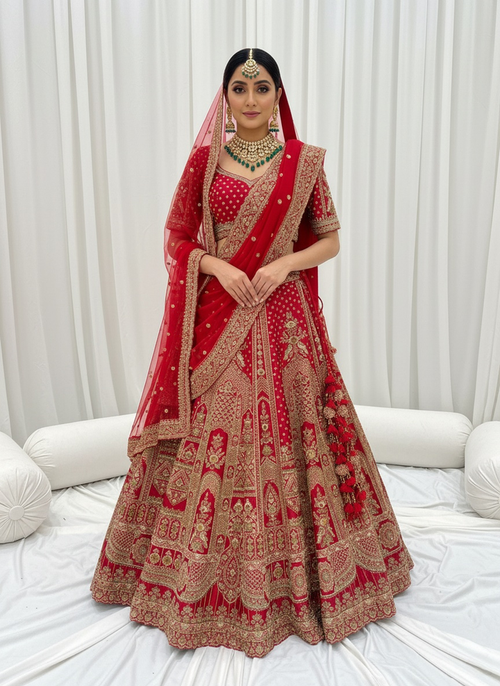 Crimson Red Zardozi Bridal Lehenga with Double Dupatta – The Royal Heritage Edit