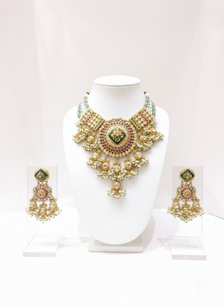 Grand Polki Kundan Bridal Necklace Set with Green & Ruby Detailing