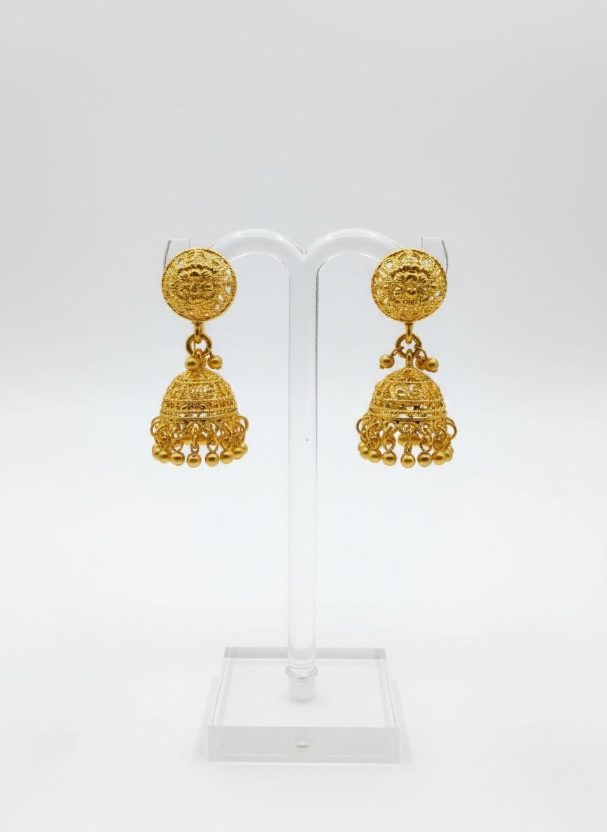 Classic Gold Bead Necklace Set with Jhumka Earrings – Traditional Filigree Design Jewelry