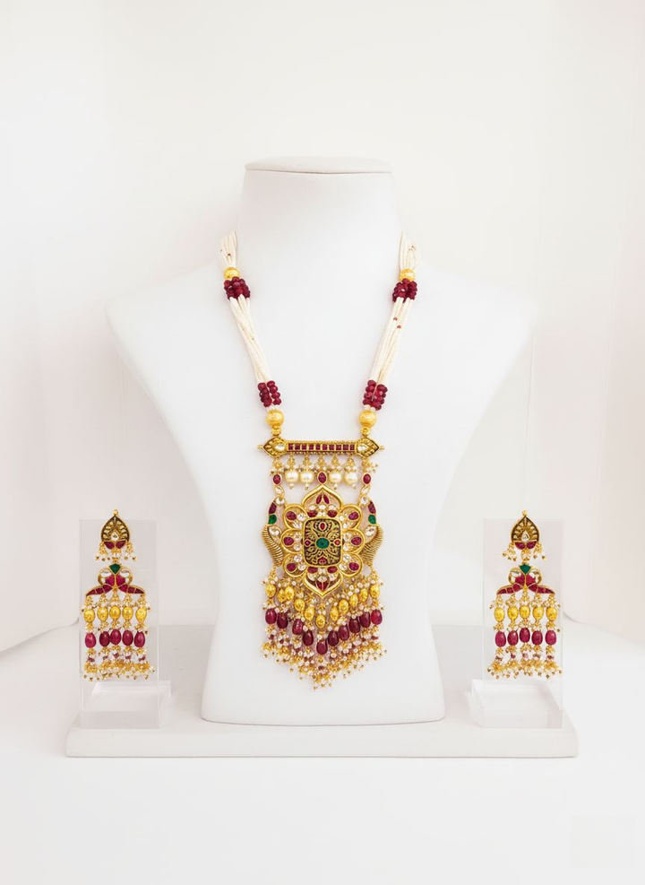 Majestic Kundan Temple Necklace Set with Ruby & Emerald Detailing