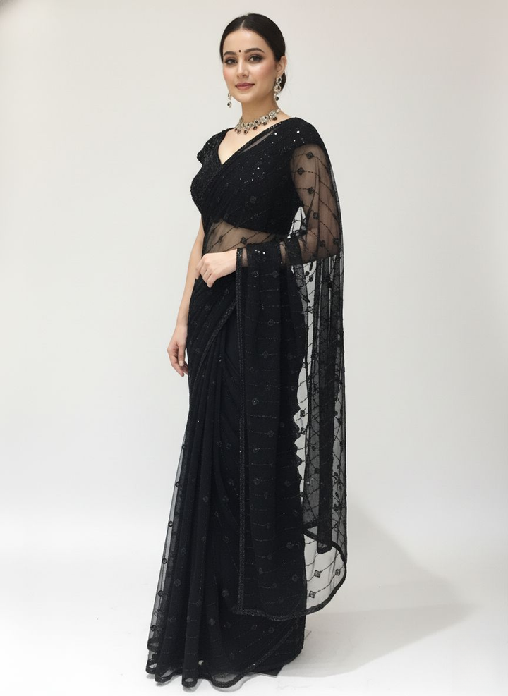 Elegant Black Sequin Embroidered Net Saree – Midnight Radiance Edition