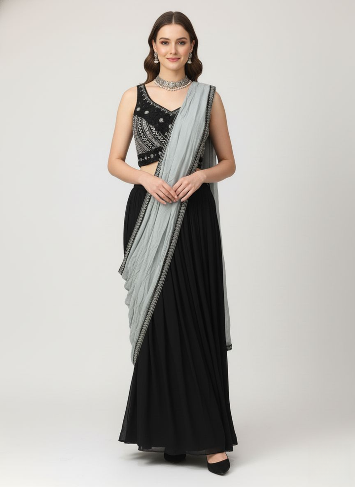 Ready to Wear Black Saree with Embellished Blouse & Contrast Grey Dupatta-Style Pallu