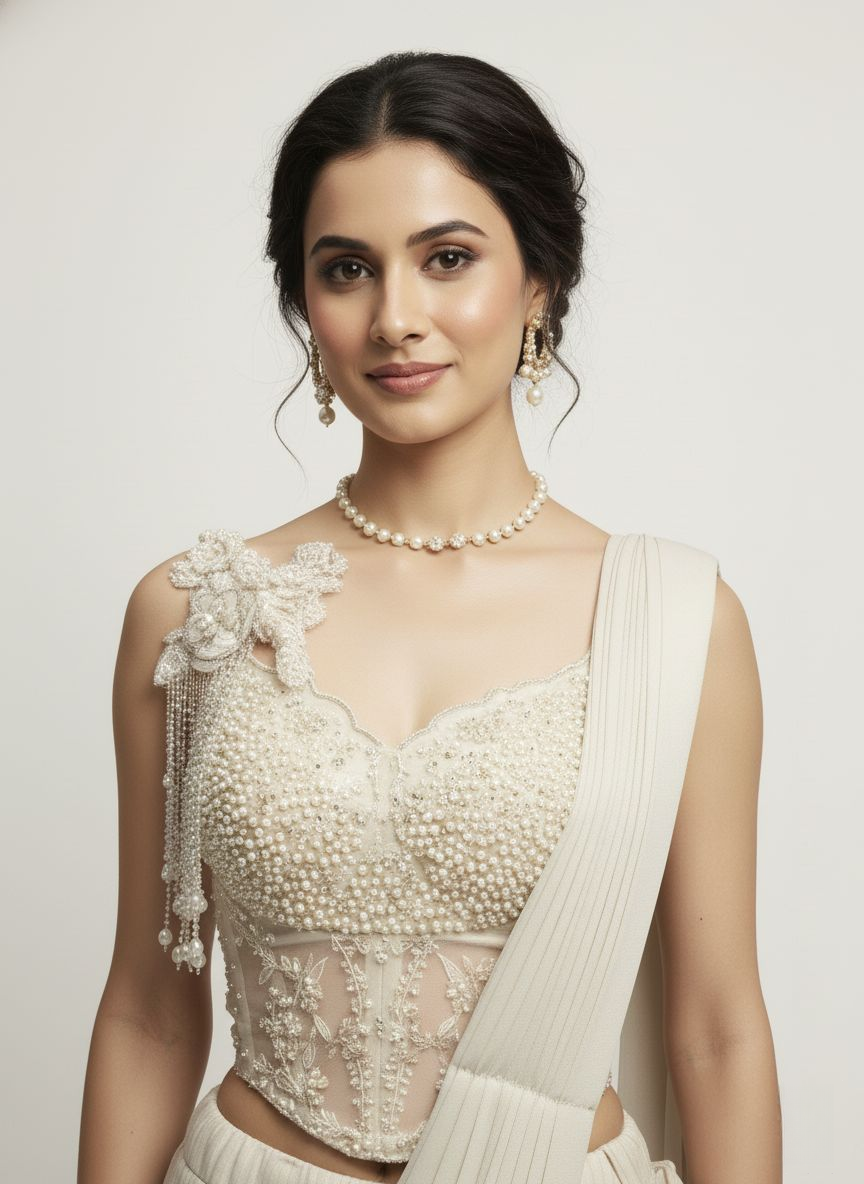 Ivory Ready-to-Wear Saree with Pearl Embellished Blouse