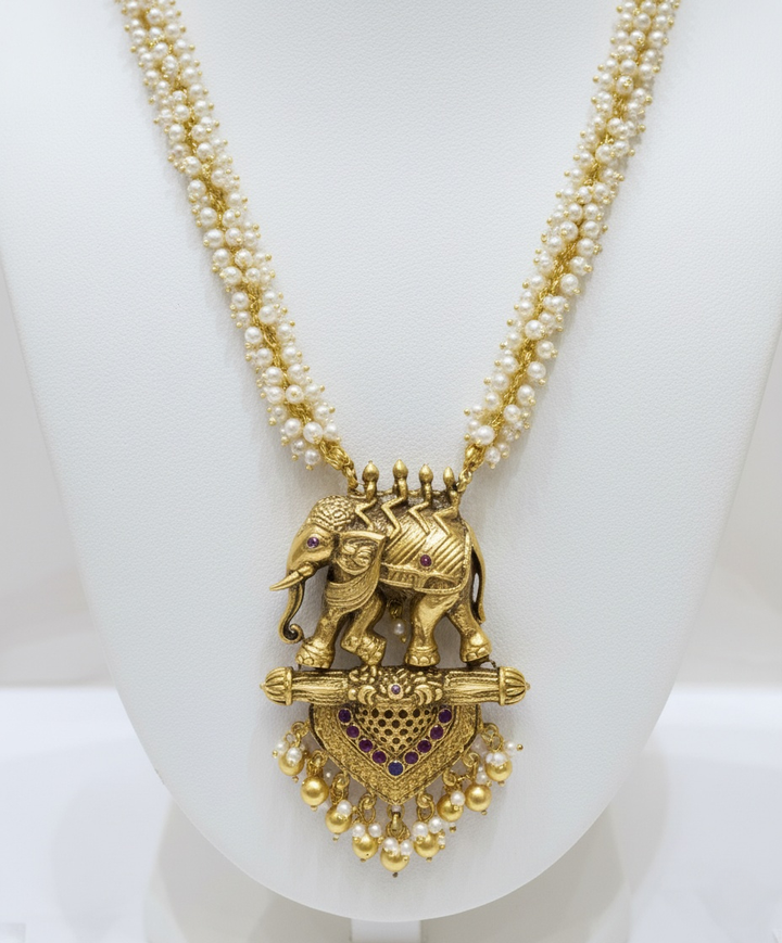 Elephant Motif Temple Necklace with Pearl Strands