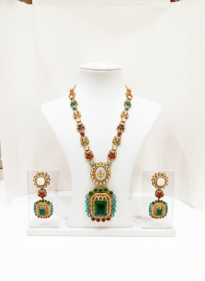 Emerald Green Kundan and Meenakari Long Necklace Set with Multicolor Detailing