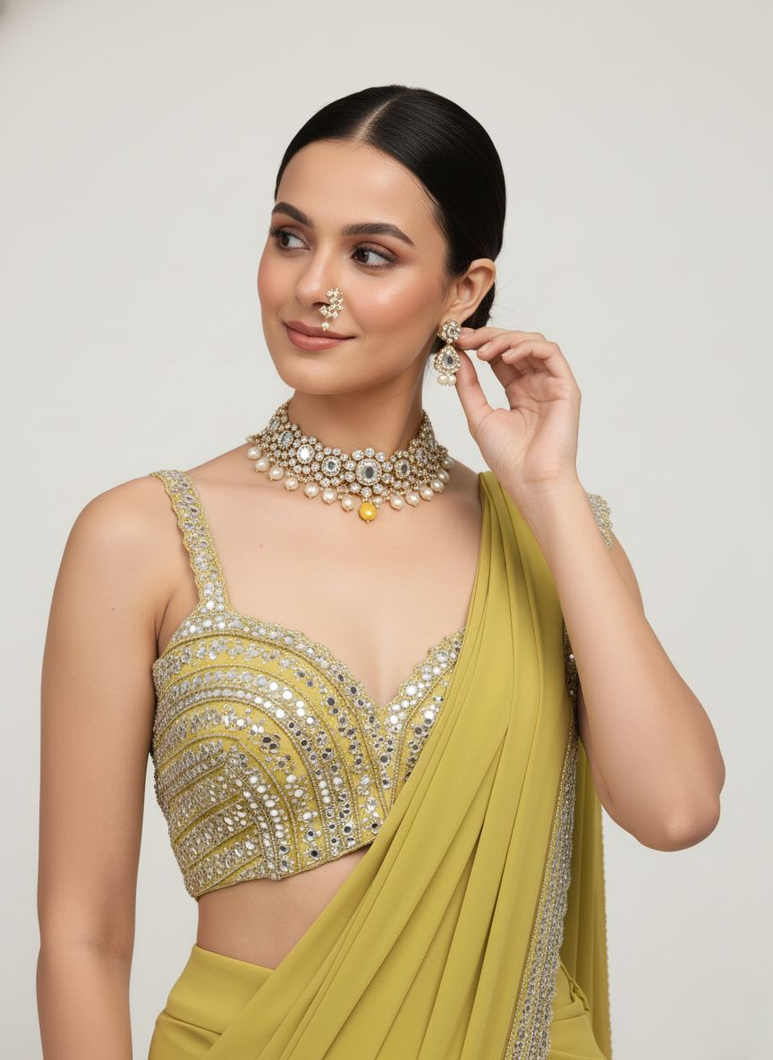 Olive Green Sequin Border Designer Ready to Wear Saree with Embellished Blouse