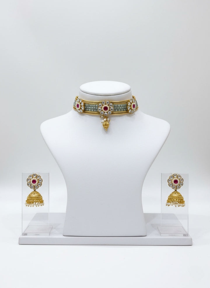 Elegant Kundan Choker Necklace Set with Ruby Stones & Gold Jhumkas