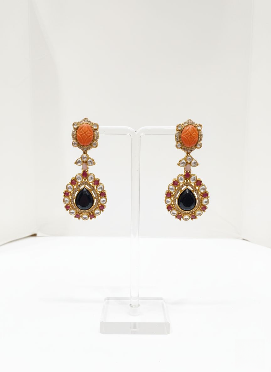 Royal Navratna Carved Gemstone Necklace Set with Kundan & Pearls