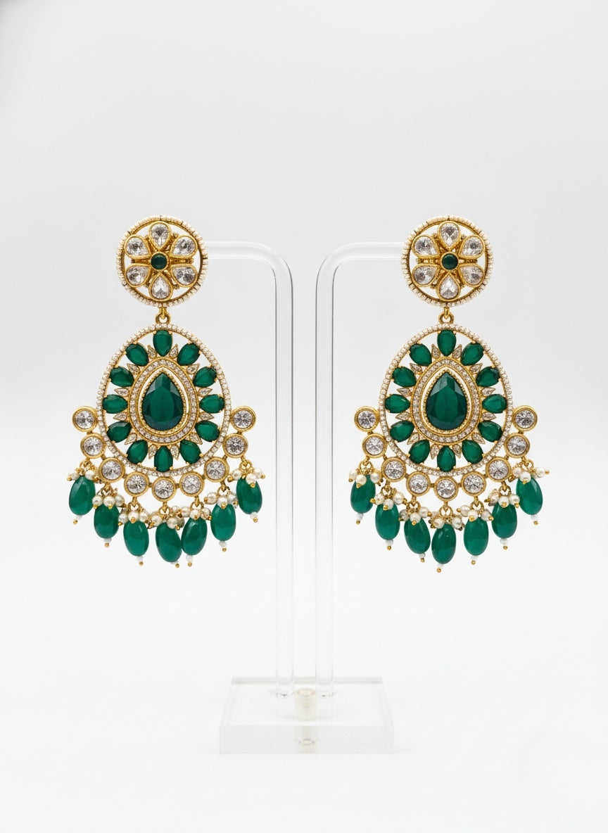 Emerald Green Beaded Temple Necklace Set with Elephant Motif & Kundan Pendant