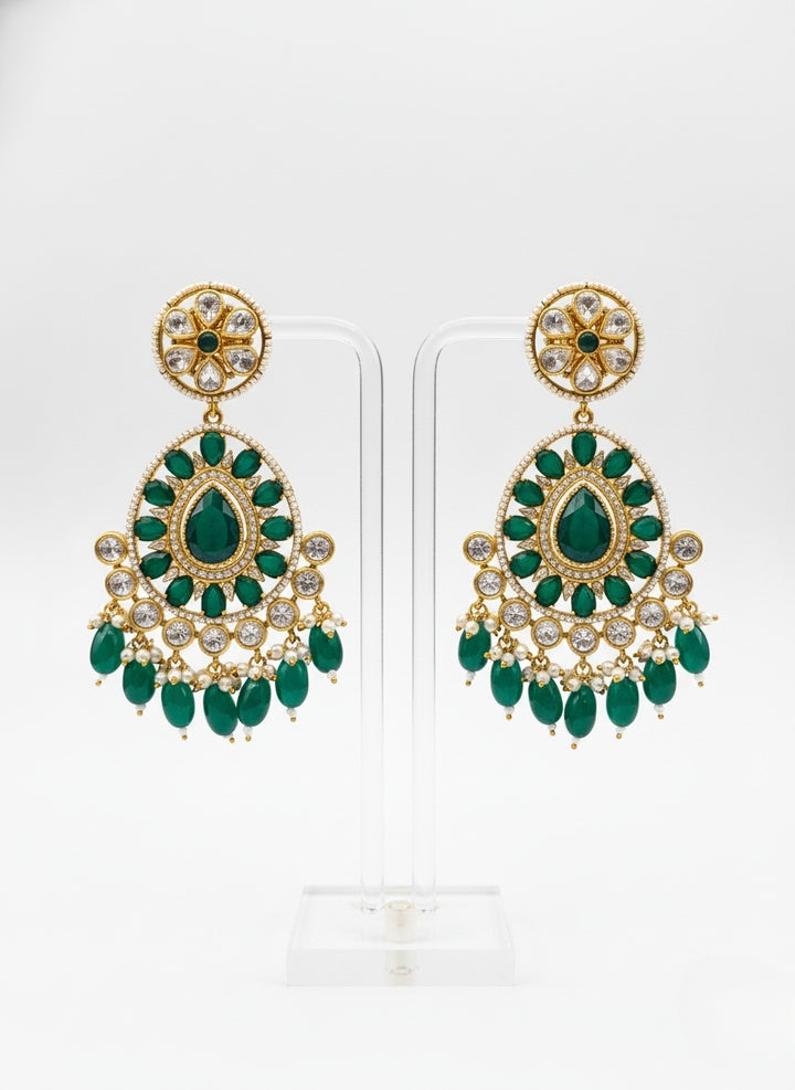 Emerald Green Beaded Temple Necklace Set with Elephant Motif & Kundan Pendant