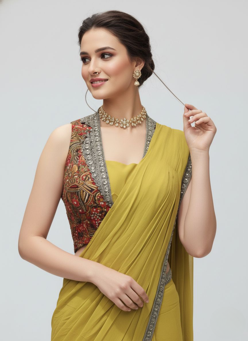 Mustard Yellow Ombre Georgette Saree with Embellished Border & Designer Blouse