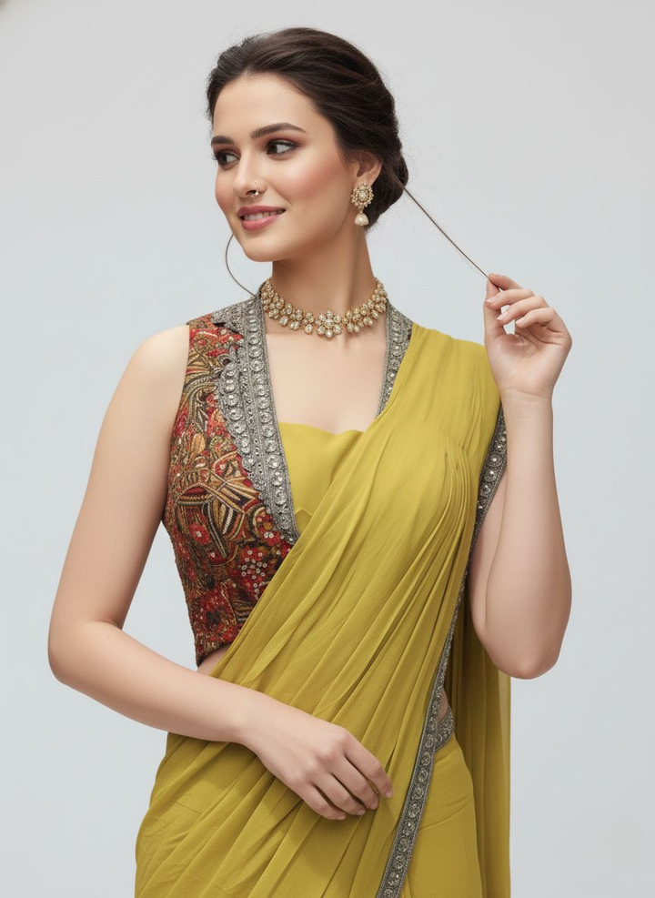 Mustard Yellow Ombre Georgette Saree with Embellished Border & Designer Blouse