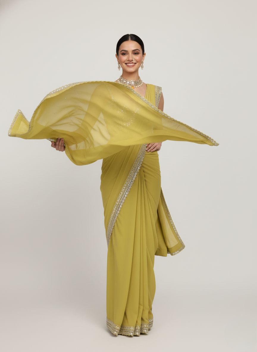 Olive Green Sequin Border Designer Ready to Wear Saree with Embellished Blouse