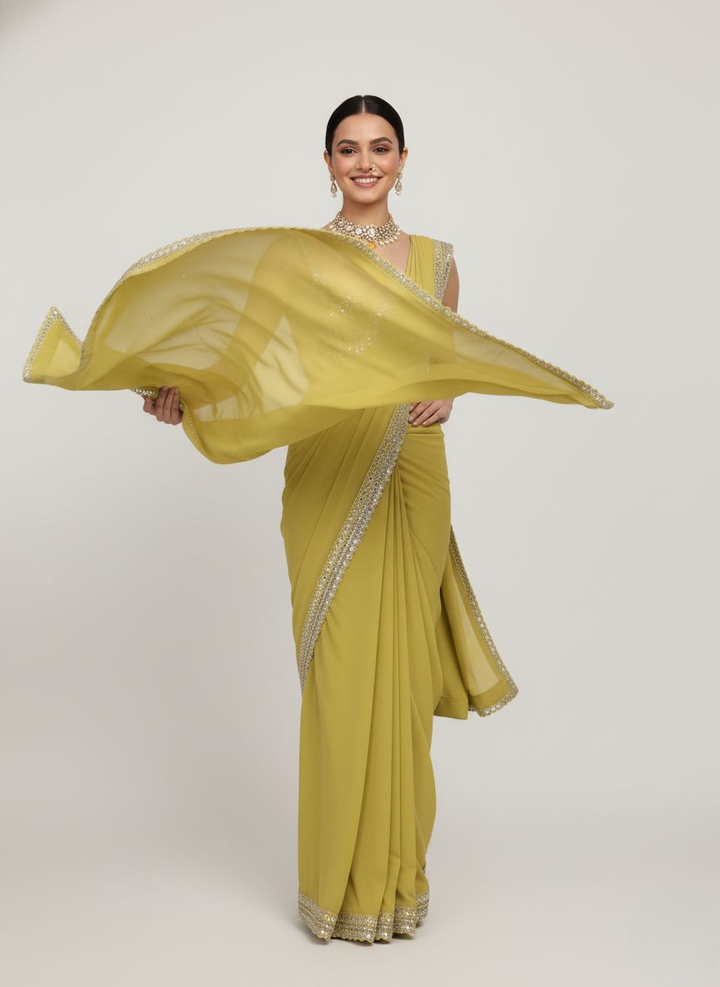 Olive Green Sequin Border Designer Ready to Wear Saree with Embellished Blouse