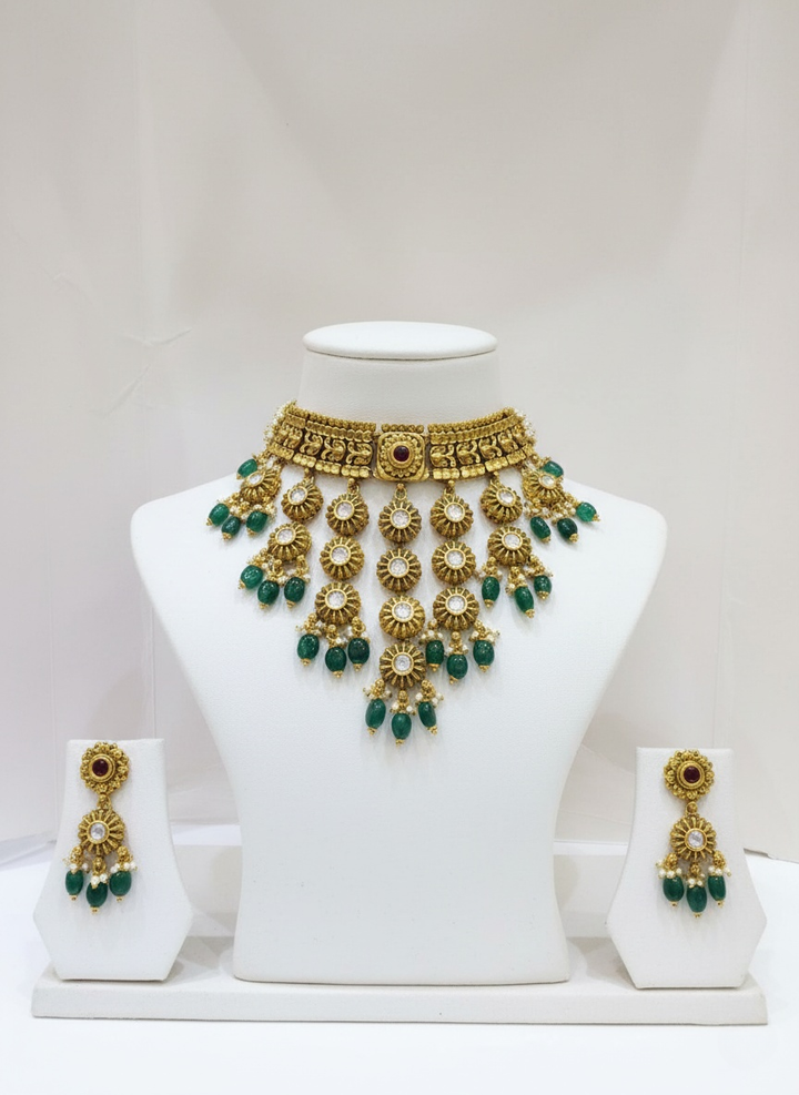 Antique Gold Temple Choker Set with Green Beads & Kundan Detailing