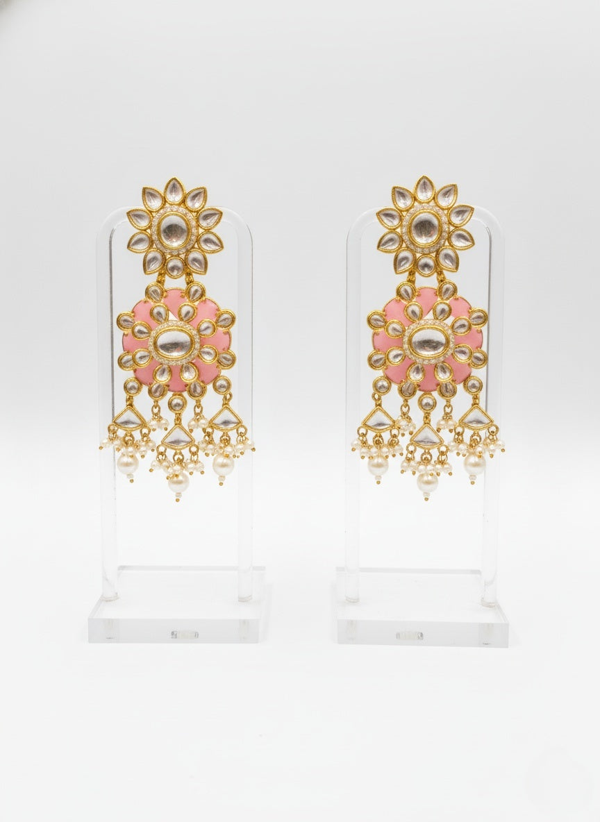 Pastel Pink & Green Heavy Kundan Bridal Choker Necklace Set with Pearl Drops