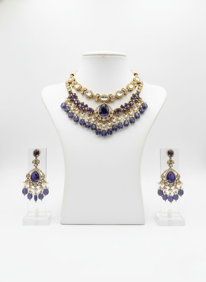 Royal Purple & Kundan Layered Necklace Set with Matching Chandbali Earrings