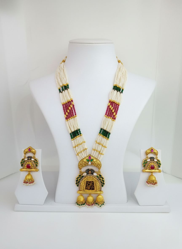 Divine Antique Temple Necklace Set with Pearls & Ruby Beads