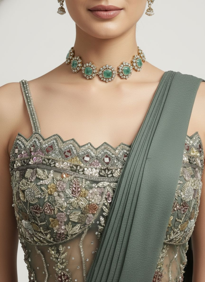 Sage Green Ready-to-Wear Saree with Hand-Embroidered Bustier