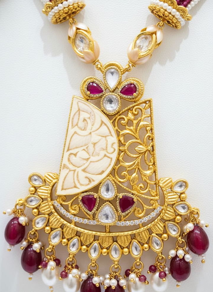Regal Gold Temple Necklace Set with Ruby Beads & Kundan Detailing