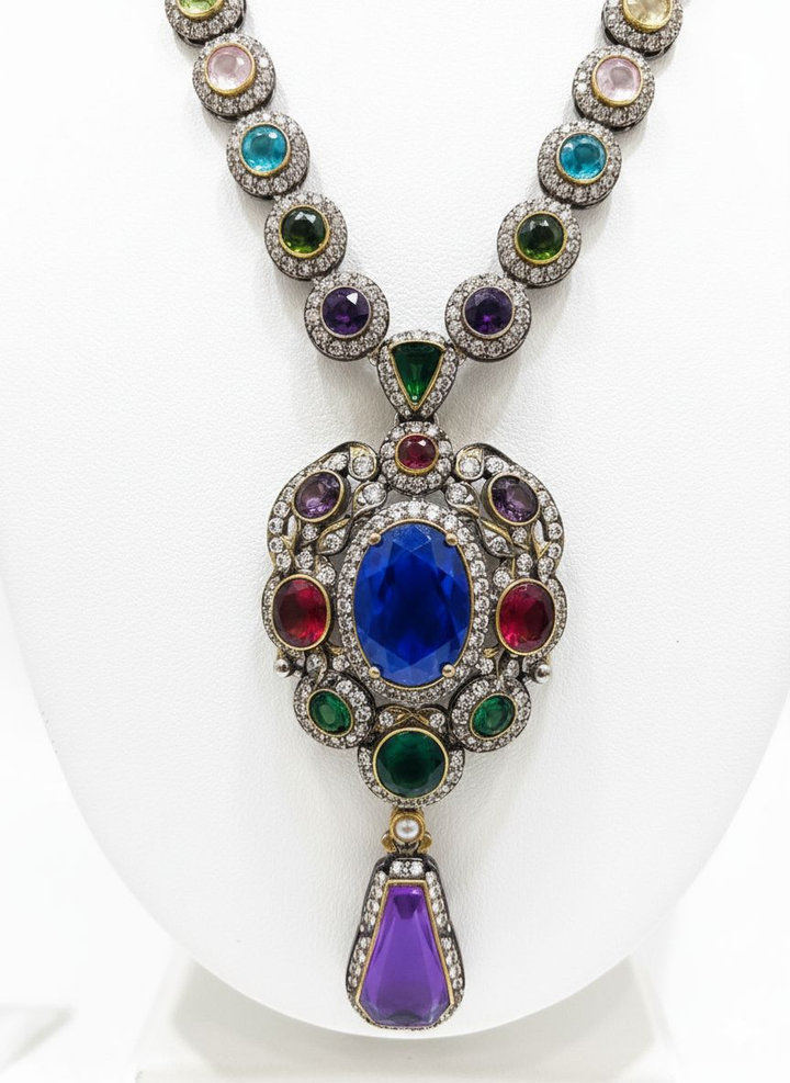 Majestic Sapphire Blue & Multicolor Polki Necklace Set with Royal Pendant