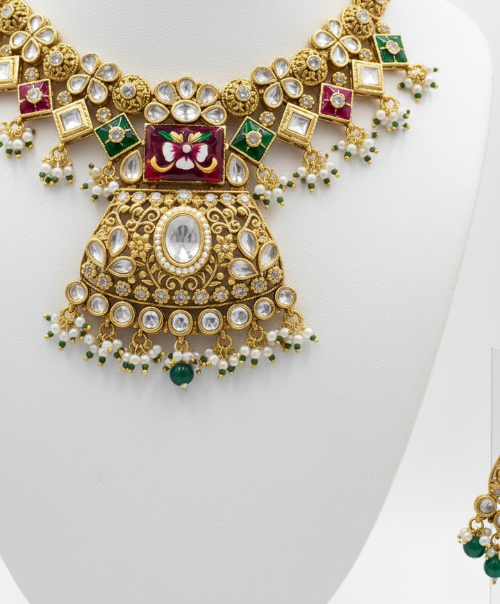 Grand Kundan Bridal Necklace Set with Ruby & Emerald Detailing