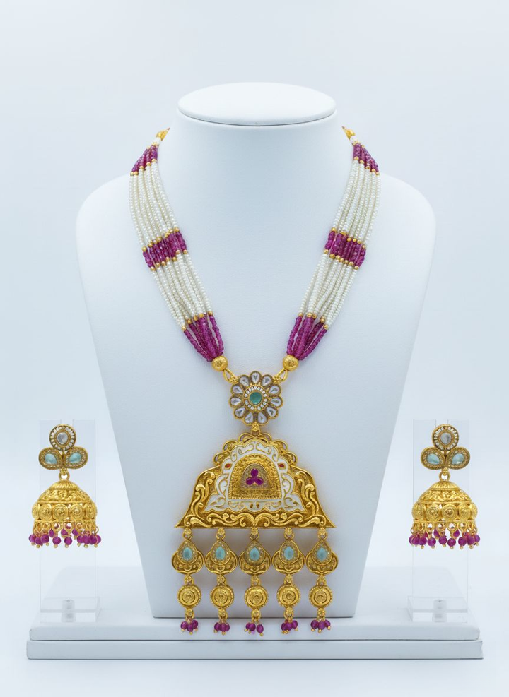Royal Kundan Temple Necklace Set with Pearls & Ruby Beads