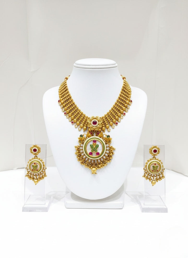 Grand Temple-Inspired Kundan Necklace Set with Ruby & Emerald Detailing