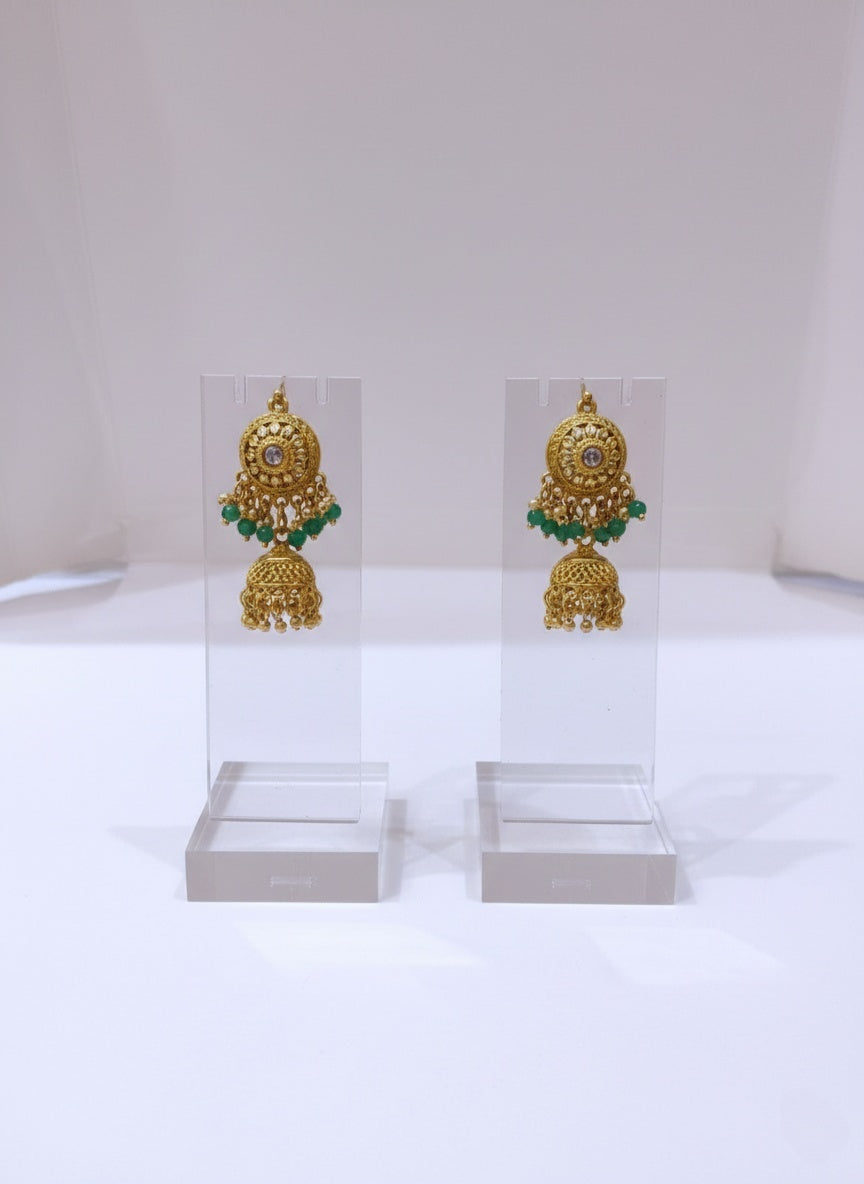 Antique Temple Necklace Set with Green Bead Detailing & Jhumka Earrings