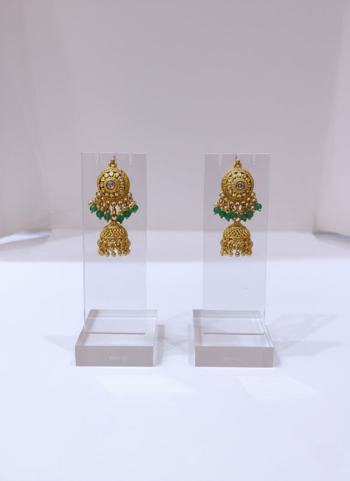 Antique Temple Necklace Set with Green Bead Detailing & Jhumka Earrings