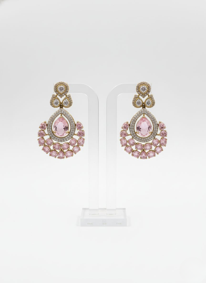 Blush Pink Stone & Gold Kundan Necklace Set with Statement Earrings