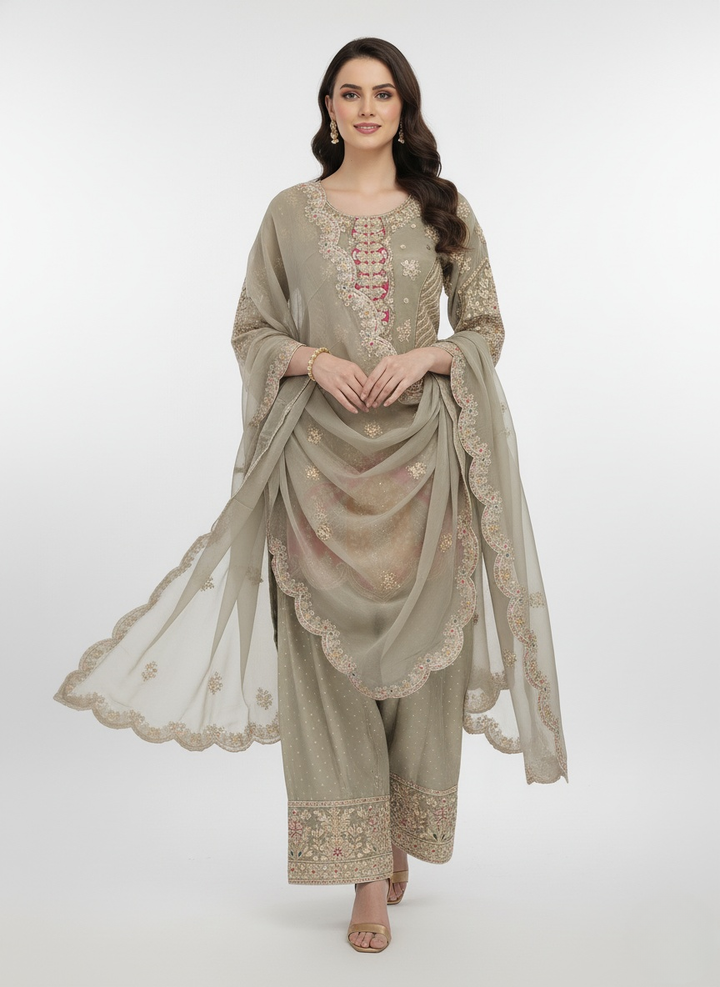 Taupe Beige Embroidered Kurta Palazzo Set with Scalloped Net Dupatta