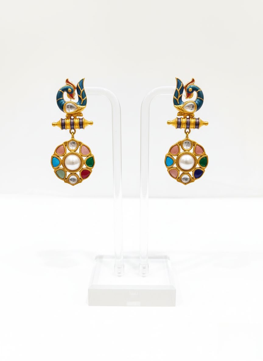 Heritage Meenakari and Kundan Long Necklace Set with Peacock Motif & Yellow Stone Drop
