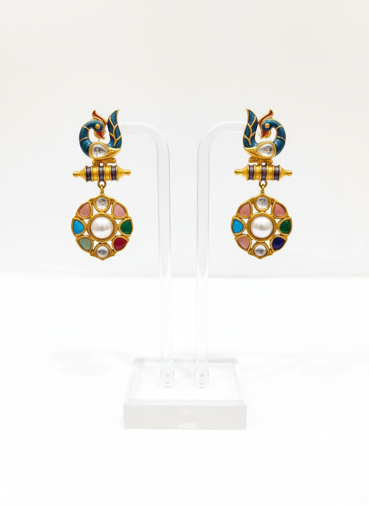 Heritage Meenakari and Kundan Long Necklace Set with Peacock Motif & Yellow Stone Drop