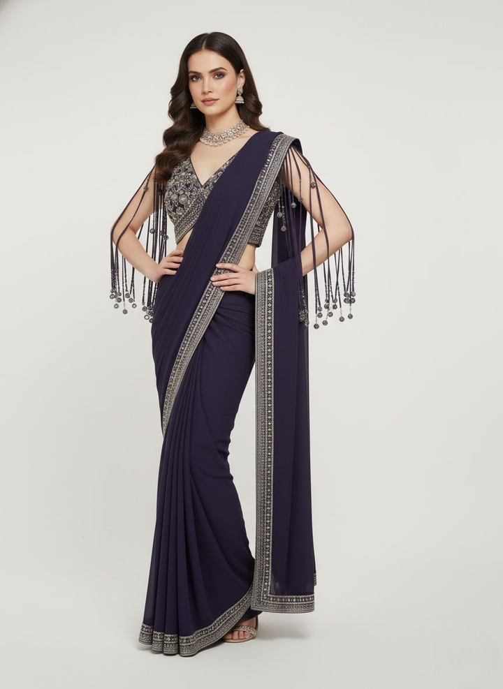 Navy Blue Ready-to-Wear Designer Embellished Saree with Fancy Blouse & Tassel Detailing