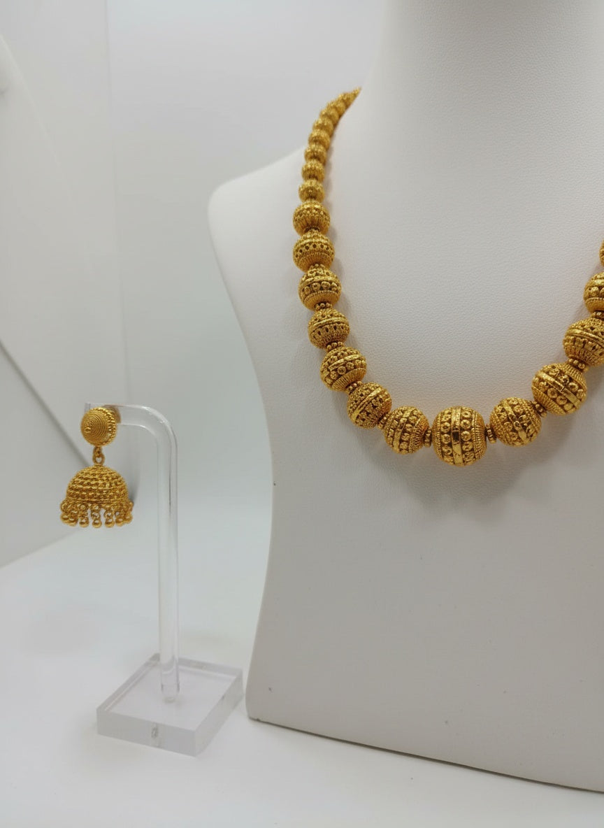 Traditional Gold Beaded Necklace Set with Filigree Detailing & Jhumka Earrings