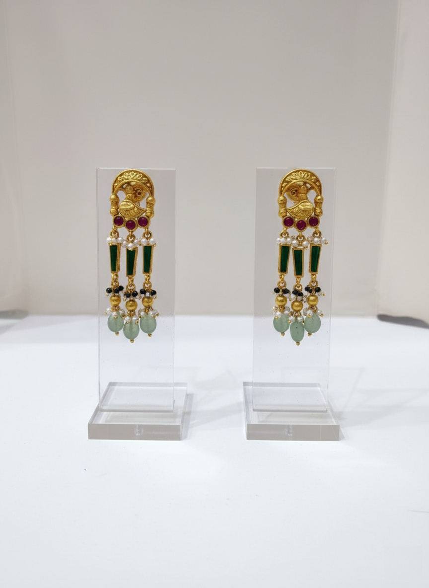 Majestic Temple Necklace Set with Kundan Work & Green Bead Detailing