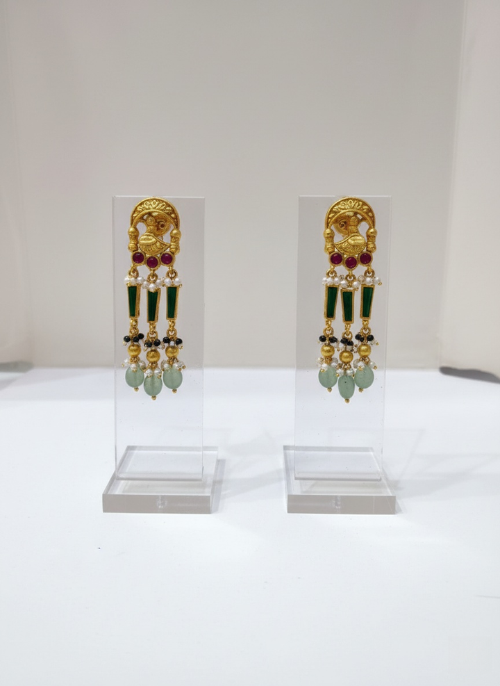Majestic Temple Necklace Set with Kundan Work & Green Bead Detailing