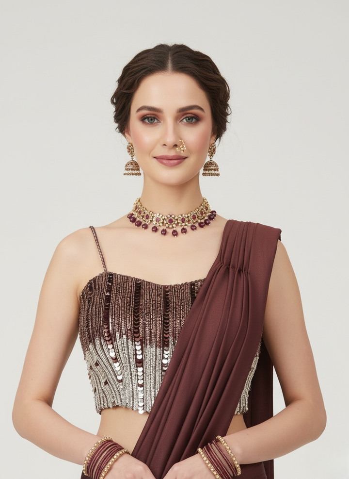 Wine Brown Pre-Draped Saree with Sequin Embellished Blouse