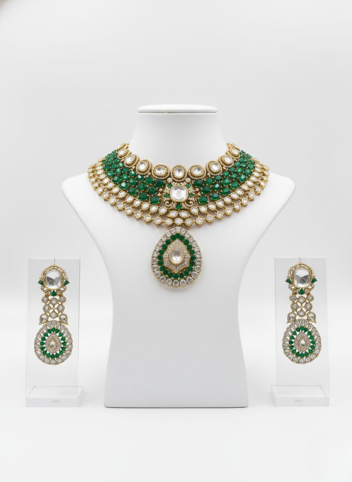 Royal Emerald Green & White Kundan Layered Bridal Necklace Set with Statement Earrings