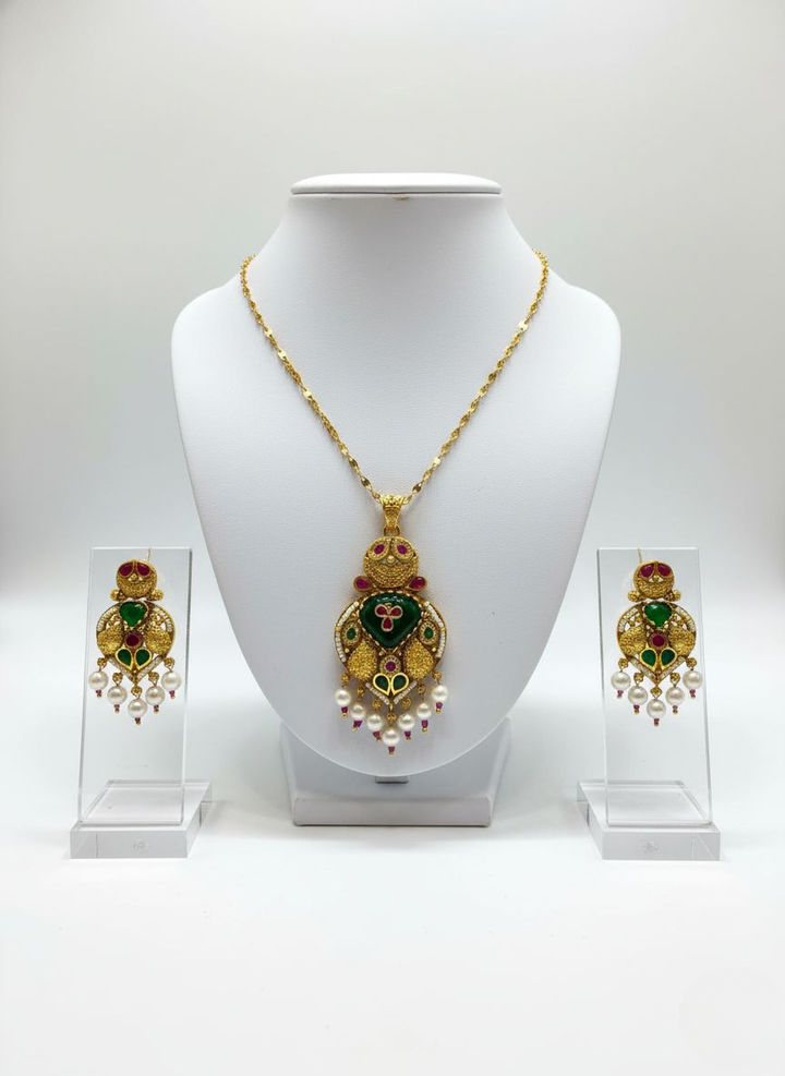 Traditional Gold-Plated Temple Necklace Set with Kundan, Ruby–Green Enamel