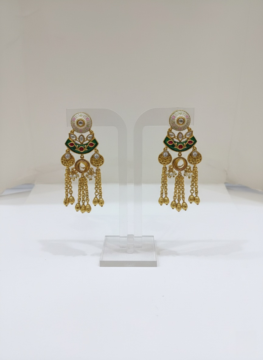 Antique Gold Kundan Temple Bridal Necklace Set with Pearl & Chain Drops