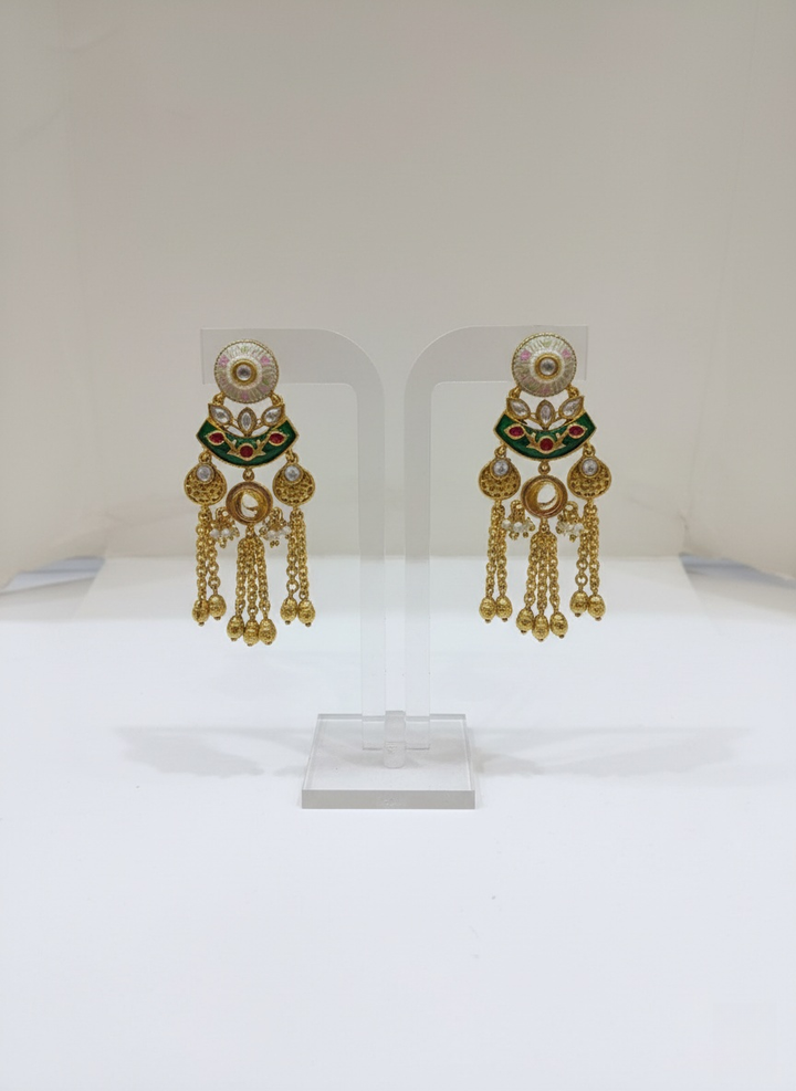 Antique Gold Kundan Temple Bridal Necklace Set with Pearl & Chain Drops