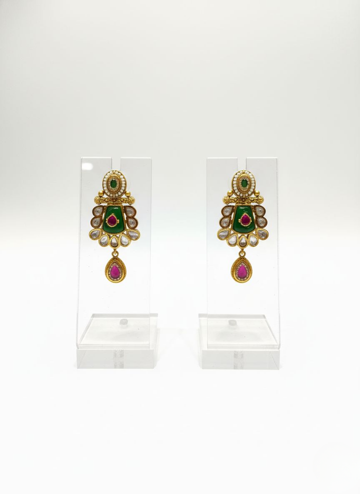 Gold-Plated Green Enamel Kundan Necklace Set with Ruby Drops