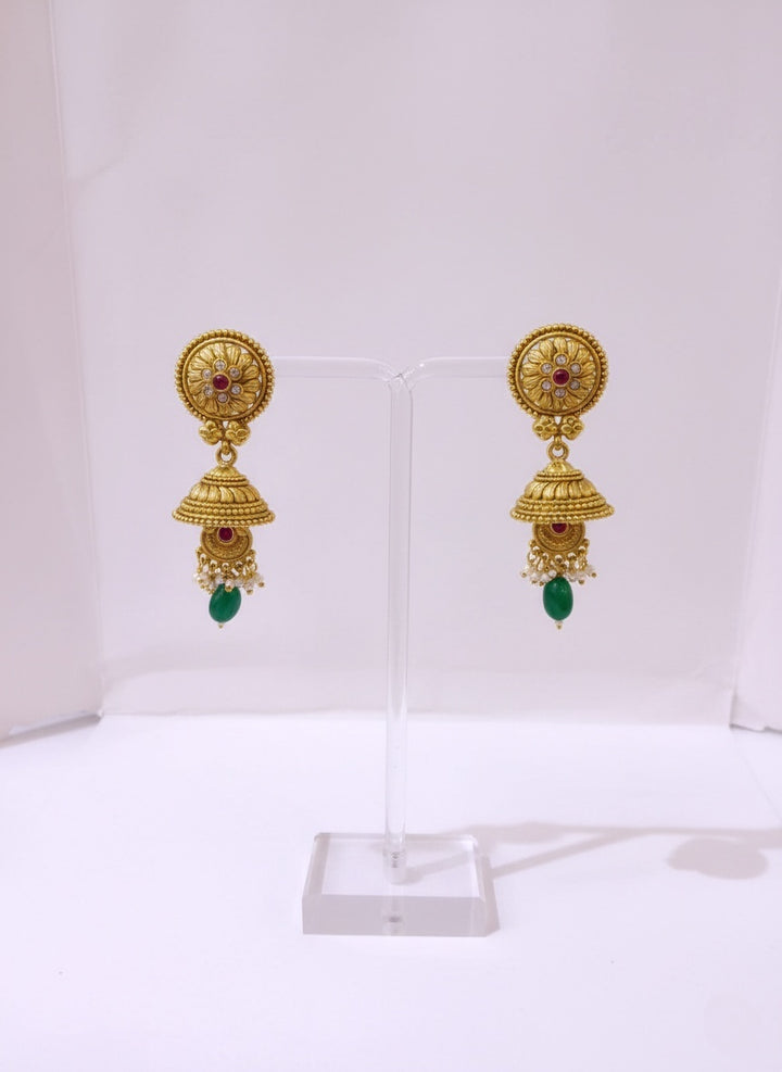 Antique Temple Necklace Set with Green Beads & Ruby Detailing