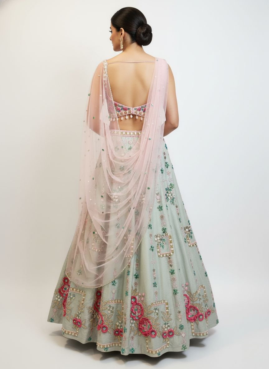 Mint Green Multicolor Floral Embroidered Lehenga Set with Tassel Details