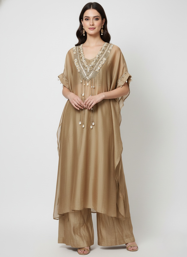 Golden Beige Embellished Kaftan Kurta with Palazzo Pants – Indo-Western Festive Set